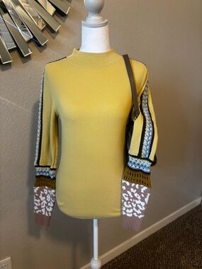 Free People Yellow Knit Crewneck Sweater with Patterned Statement Sleeves